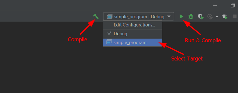 Selecting a CMake target and compiling with CLion.