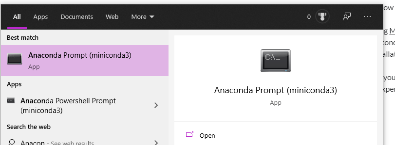 Anaconda prompt command line in the Windows search bar.