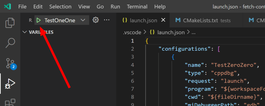 VSCode run and debug dropdown menu with one configuration