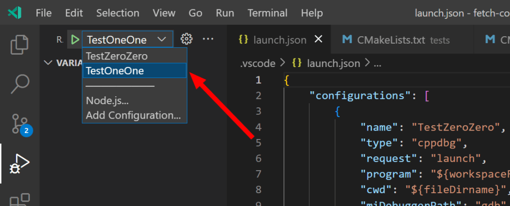 VSCode's run and debug dropdown menu with multiple configurations.